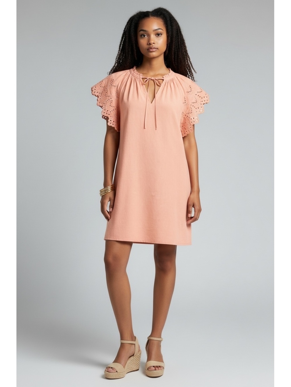 Who What Wear Flutter Sleeve Eyelet Mini Dress Peach Coral Small EUC
